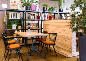 Holztisch und orange bezogene schwarze Stühlen´ vor einem Regalelement mit Pflanzen und Holzverkleidung im Gastraum.